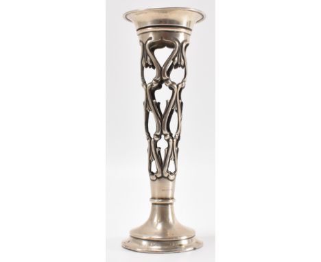 An R F Mosley &amp; Co silver early 20th Century silver hallmarked stem vase having pierced decoration sides with a flared ri