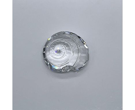 Clear crystal shell, etched with a beautiful spiral pattern. Swarovski etched backstamp. This item has its original box. Meas