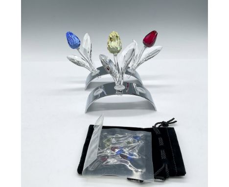 Lot includes 2 rhodium arch stands (4"L) that holds three colored tulips. Colored tulips (3.5"H) in yellow, red and blue with