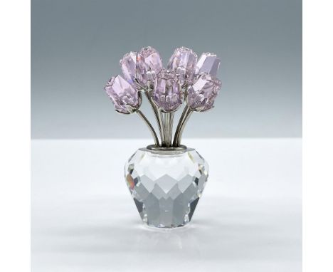 Clear faceted crystal vase with 12 pink crystal roses on rhodium stems. Swarovski backstamp. This item has its original box: 