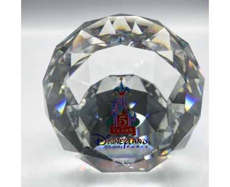 Clear crystal orb with Disney Castle in background. Colored in pink, blue and red. Swarovski mark. This item has its original