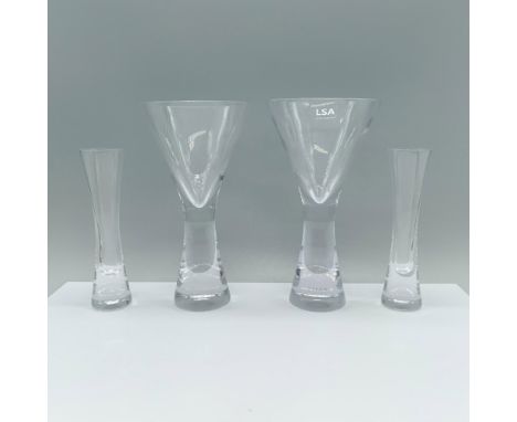 A set of two identical clear glass vases with thick bases and slender hourglass shapes, along with a pair of martini glasses 