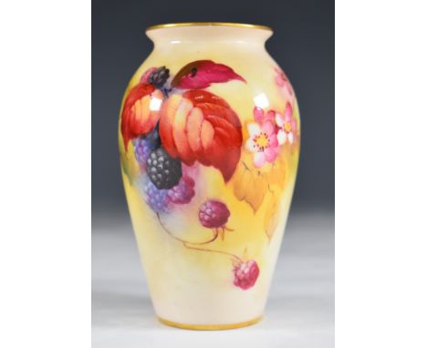 Royal Worcester vase decorated with blackberries and signed Kitty Blake, height 10.5cm