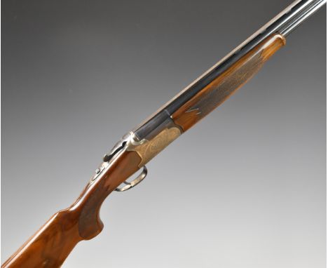 Lanber 12 bore over and under ejector shotgun with engraved lock, underside, trigger guard top plate and thumb lever, chequer