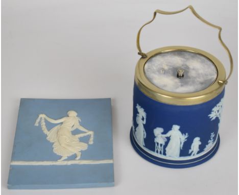 Wedgwood (attributed) Jasperware tile decorated with one of the dancing hours in relief, and a Wedgwood biscuit barrel, the t