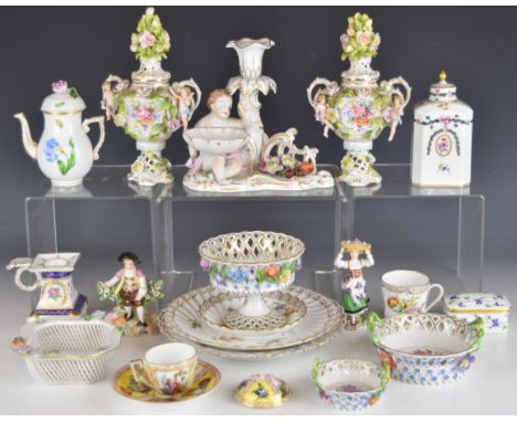 Collection of Herend, Dresden and other German porcelain including a caddy, figural candlestick, flower encrusted urns / bask