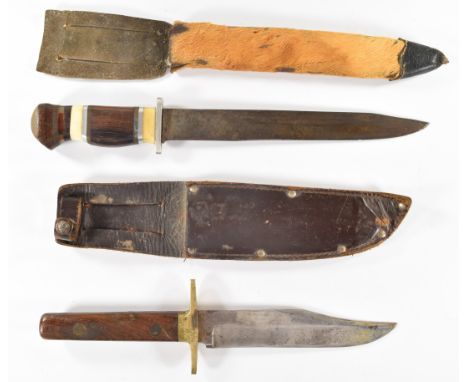 William Rodgers 'Bowie' hunting knife with 14.5cm blade and sheath, together with another hunting knife with sectional handle