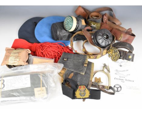 Small collection of various items of militaria including Royal Fleet Auxiliary bullion badge, Sam Browne belt, respirator sas