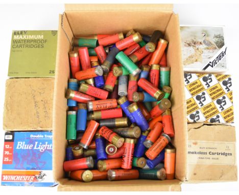 Two hundred and fifty 12 bore shotgun cartridges including Winchester Blue Light, Eley-Kynoch, Eley Maximum etc, some in orig