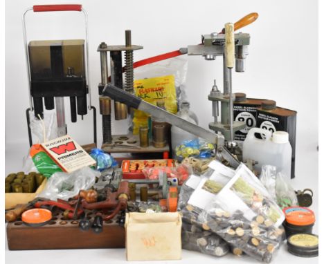 A collection of shotgun cartridge re-loading equipment, tools and accessories including Lee Load-All press, Nobel shotgun pow