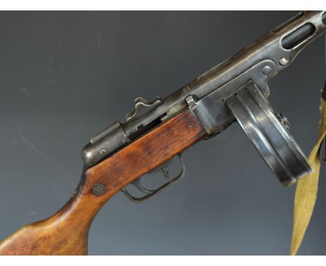 Deactivated Russian PPsh 7.62mm sub machine gun with rotary magazine, canvas sling, adjustable sights and semi-pistol grip, s