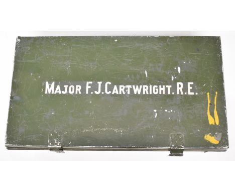 Large metal military trunk, named Major F J C Cartwright to lid, 88 x 48 x 33cm