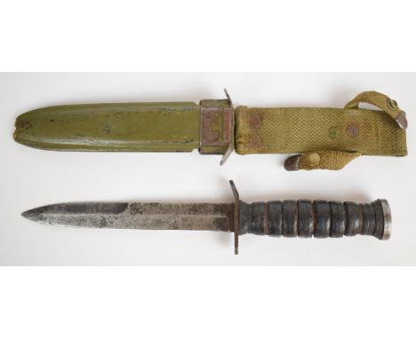 American WW2 fighting knife with leather grip, USM3 Imperial marked to double edged 17cm blade, sheath and integral belt loop