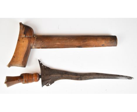 Kris dagger with carved wood pommel in shape of bird's head, 26cm part wavy double edged blade and wooden sheath PLEASE NOTE: