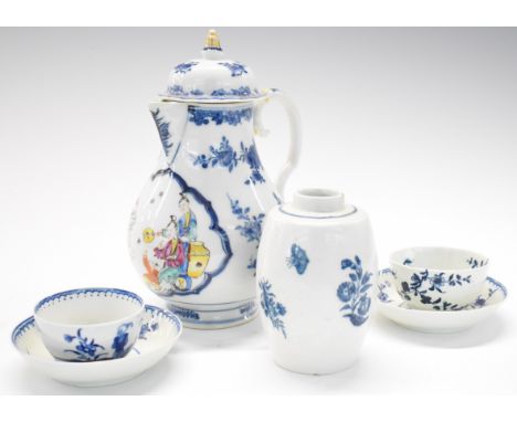 First Period Worcester tea bowls and saucers, caddy and a teapot with enamelled Chinoiserie decoration, tallest 22cm
