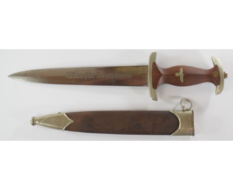 German WW2 Nazi Third Reich SA dagger with letter H to inside of pommel, 8 to crosspiece, a 22cm double edged blade marked F 