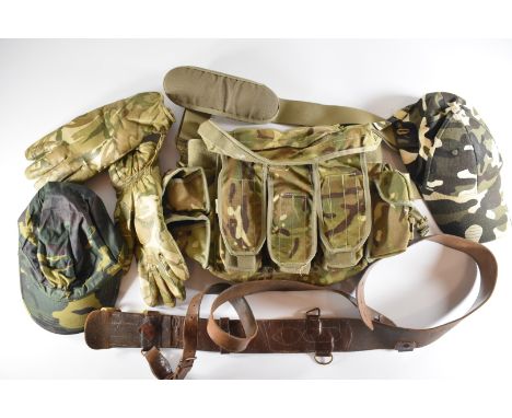 Ammunition grab bag, two camouflage baseball caps, pair of DPM leather gloves and a Sam Browne belt