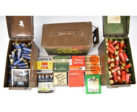 Approximately five hundred 12, 16 and 20 bore shotgun cartridges in three metal military ammunition tins.&nbsp;PLEASE NOTE TH
