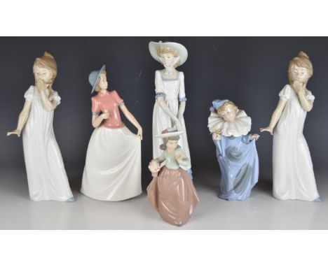 Six Nao figures of young ladies including a child clown, tallest 29cm