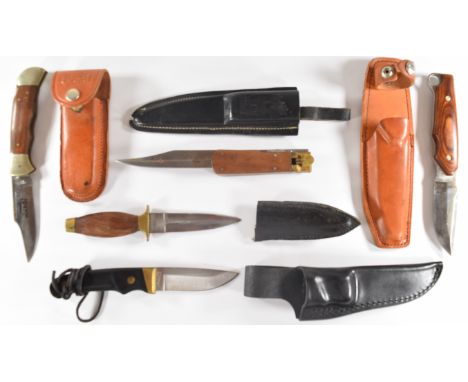Five various hunting / folding knives including Buck USA, Jack Pyke and Shrae USA, all with sheaths, longest blade 20cm PLEAS
