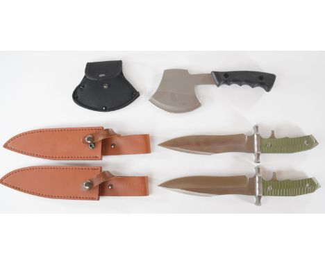 Two hunting knives, both with 19cm blades, together with a survival axe with protective cover PLEASE NOTE:- Before bidding pl