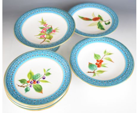 Victorian Royal Worcester dessert service comprising six plates and a garniture of three tazzas, all hand decorated with flow