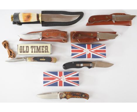 Four hunting knives, all with sheaths, together with three pocket / folding knives including an 'Old Timer' example, longest 