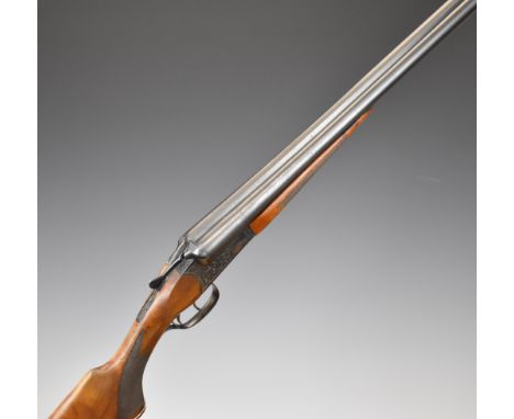 Baikal IJ-58 MAE 12 bore side by side ejector shotgun with heavy engraving of stags to the locks, chequered semi-pistol grip 