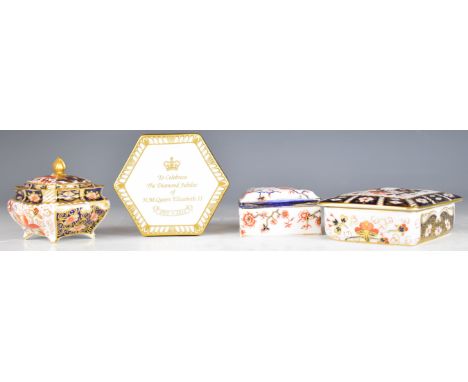 Royal Crown Derby trinket boxes in 2451 and 1933 Imari patterns and a limited edition 3/500 'Old Imari Hexagonal Box', with c