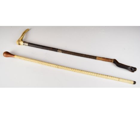 Hallmarked silver mounted leather and deer horn riding crop and a vertebrae stick, longest 60cm