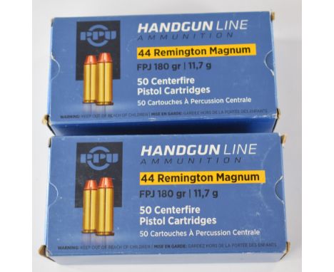 One hundred .44 Remington Magnum PPU Handgun line pistol cartridges, in original boxes.&nbsp;PLEASE NOTE THAT A VALID RELEVAN