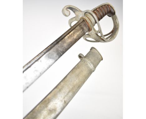 19thC sword with three bar hilt, 90cm curved pipe back blade etched Wooley & Sargeant B'ham and East India Company to ricasso