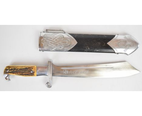 WW2 German Nazi Third Reich RAD hewer with stag horn or similar grips, Arbeit Adelt and maker's marks to 24.5cm blade and sca