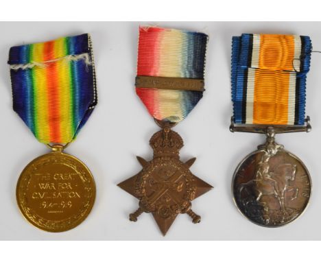 British Army WW1 medal trio comprising 1914 'Mons' Star with clasp for 5th August -22nd November 1914, War Medal and Victory 
