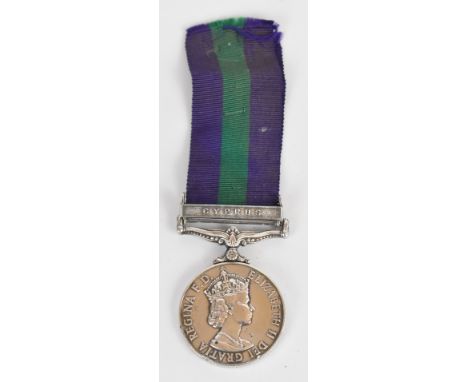 British Army General Service Medal with clasp for Cyprus named to 23290162 Gnr R E Shackell, Royal Artillery