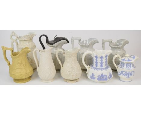 Collection of mainly Victorian relief moulded jugs and teapot including several Charles Meigh examples