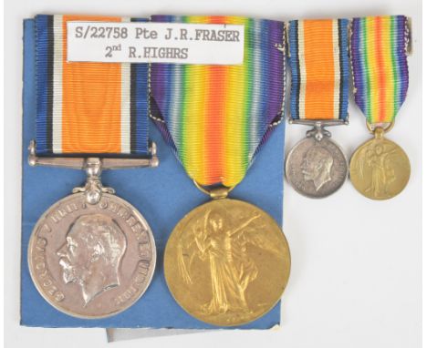 British Army WW1 medal pair with miniatures comprising War Medal and Victory Medal named to 22758 Pte J R Fraser, Royal Highl