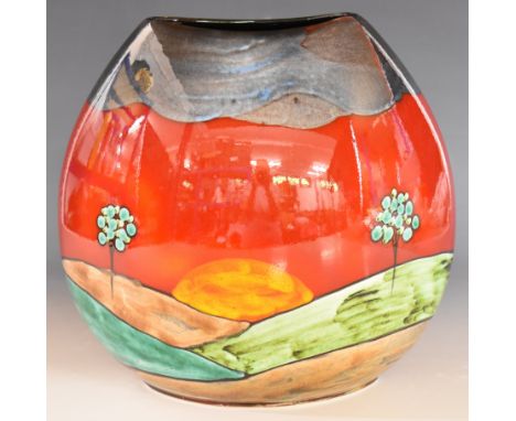 Poole Pottery large purse vase decorated in the Sunrise pattern, height 26cm