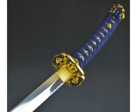 Japanese Katana Samurai sword with 30 inch blade, gilt metal fittings, rope bound handle and lacquer scabbard, overall length