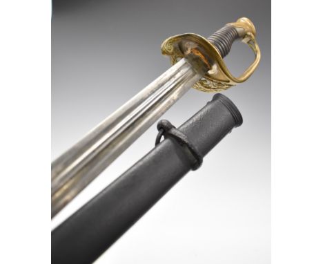 19thC Belgian Officer's sword with decorated pierced guard, shaped grip, 95cm double edged blade and scabbard PLEASE NOTE:- B