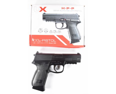 Umarex HPP .177 CO2 air pistol with textured composite grips and fixed sights, serial number 20M00280, in original box with i