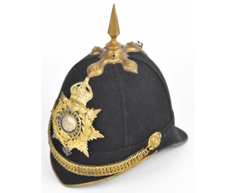 British blue cloth helmet with chain link chin strap, makers Hawkes &amp; Co., London, with later / replacement badge and spi
