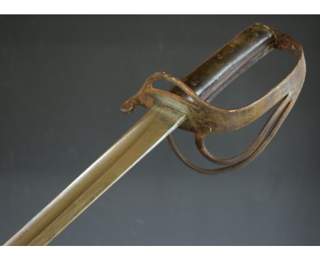 British 1853 pattern Cavalry Trooper's sword with three bar guard, chequered leather grip, 89.5cm fullered blade, crown over 
