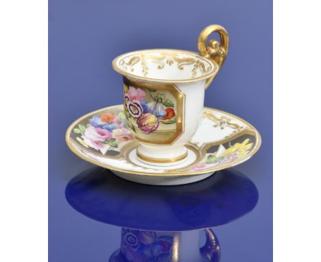 Swansea porcelain early 19thC cabinet cup and saucer finely decorated with cartouches of flowers including auriculas, tulips 