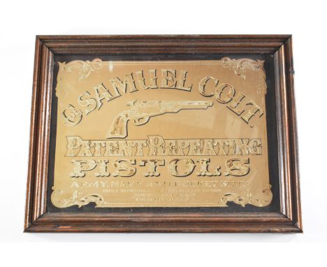 Colt revolvers shop display or advertising mirror with text 'Col Samuel Colt Patent Repeating Pistols Army Navy and Pocket Si