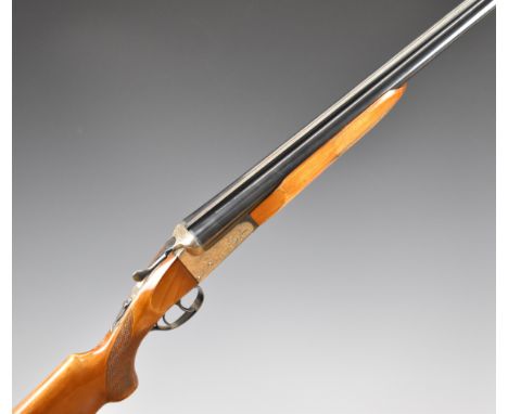 Gunmark Kestrel 12 bore side by side shotgun&nbsp;with engraved locks, underside, trigger guard and thumb lever, chequered se