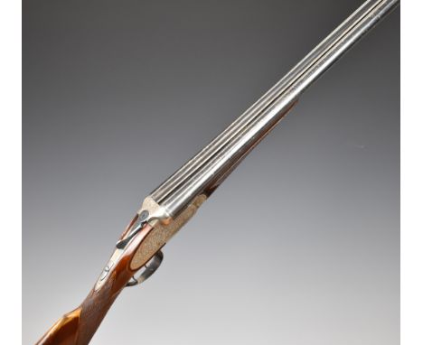 Kestrel Silver 12 bore side by side ejector shotgun with engraved sidelock plates, trigger guard, underside, top plate, thumb