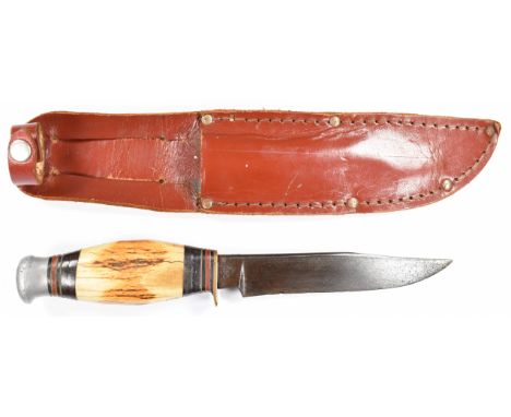 J Nowill & Sons of Sheffield Bowie knife with stag antler handle, brass hilt and 13cm blade, overall length 23cm, in leather 