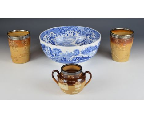 Doulton Lambeth hallmarked silver mounted salt glazed sucrier, pair of hallmarked silver mounted beakers (unmarked) and a Spo