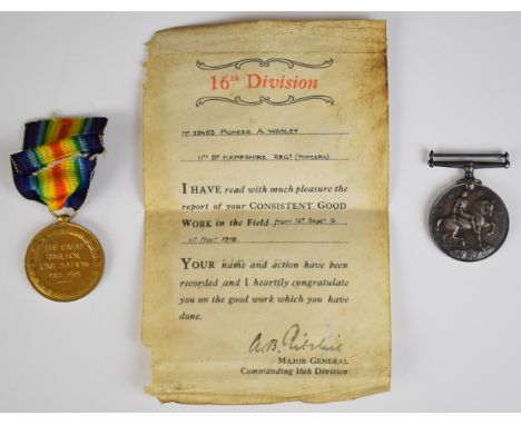 British Army WW1 medal pair War Medal and Victory Medal named to 55483 Pte A Wasley, Hampshire Regiment (Pioneers) and a 'Goo